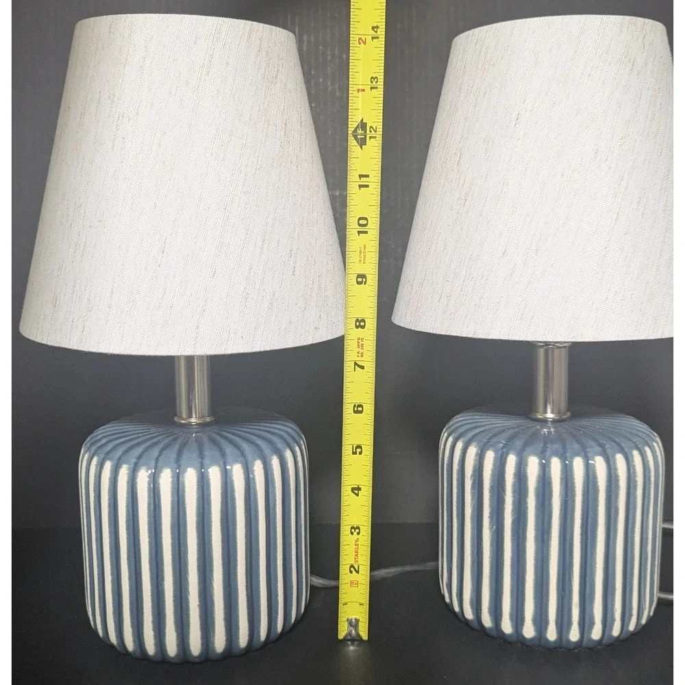 Blue and White Striped Glossy Ceramic Table Lamps Set of Two W/Linen Shades